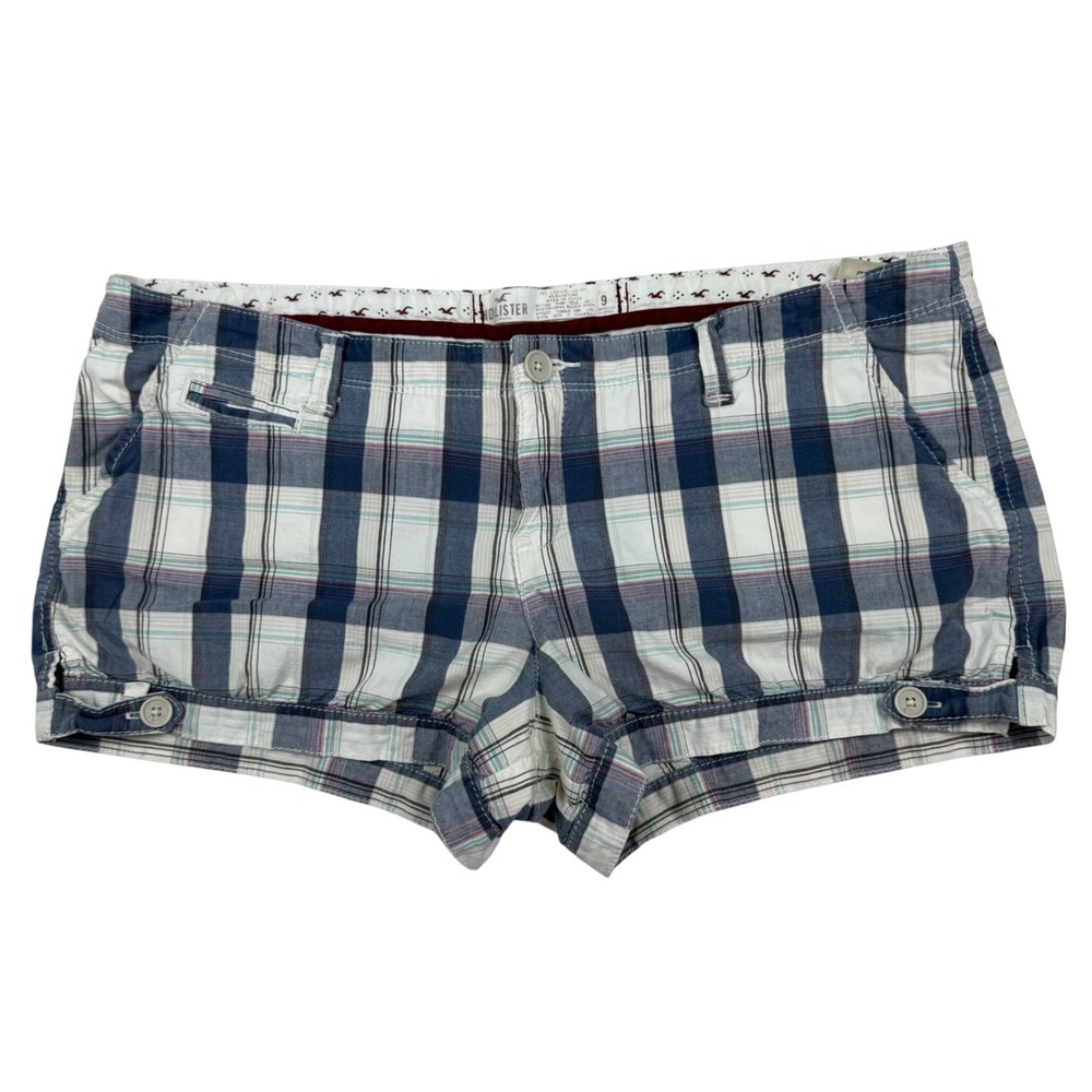 VTG Y2K Hollister Blue White Plaid Ultra Low Rise Mini Micro Shorts Size 9
